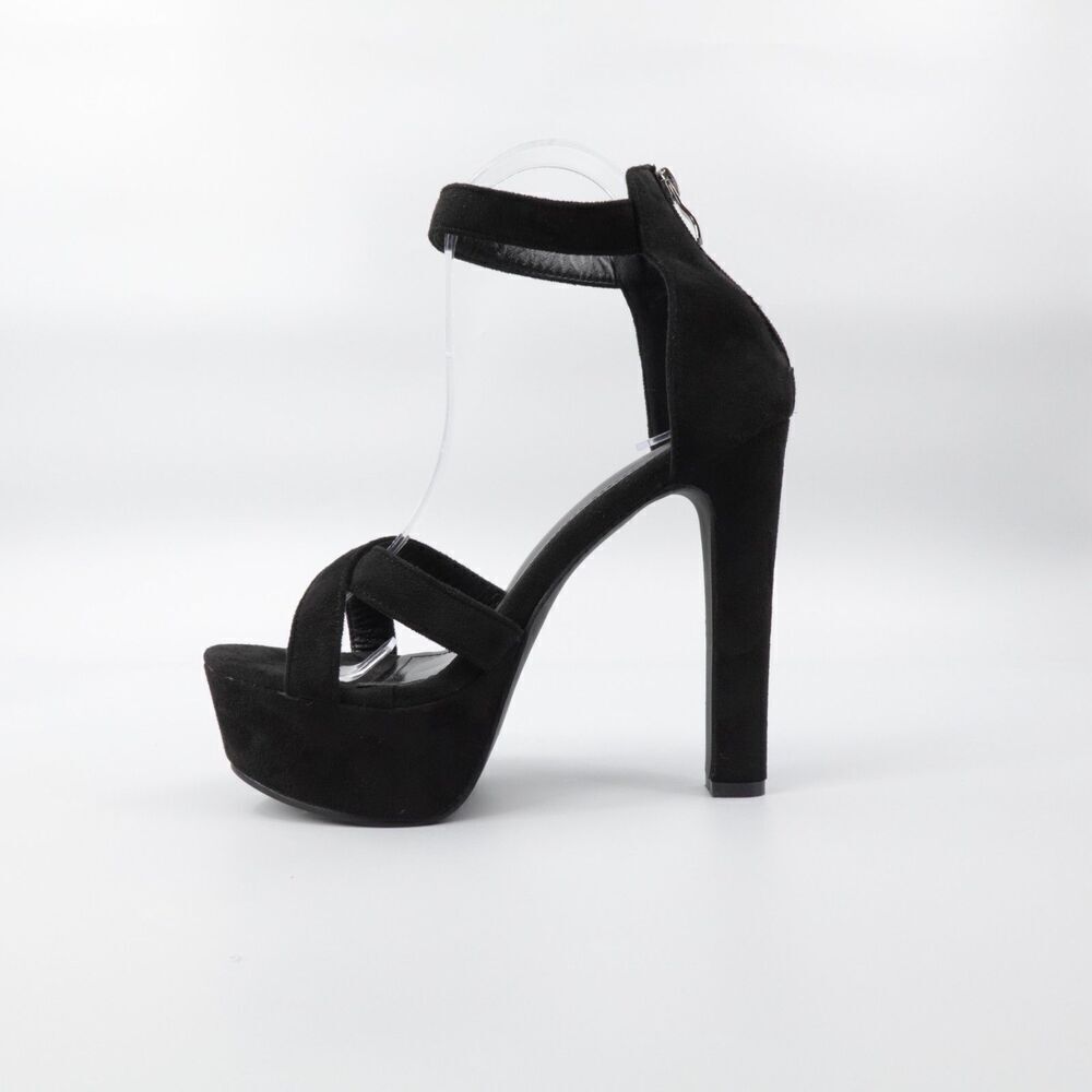 Black Chunky Platform Heels Faux Suede Ankle Strap Whimsigoth Retro Prom hoco - Picture 3 of 16